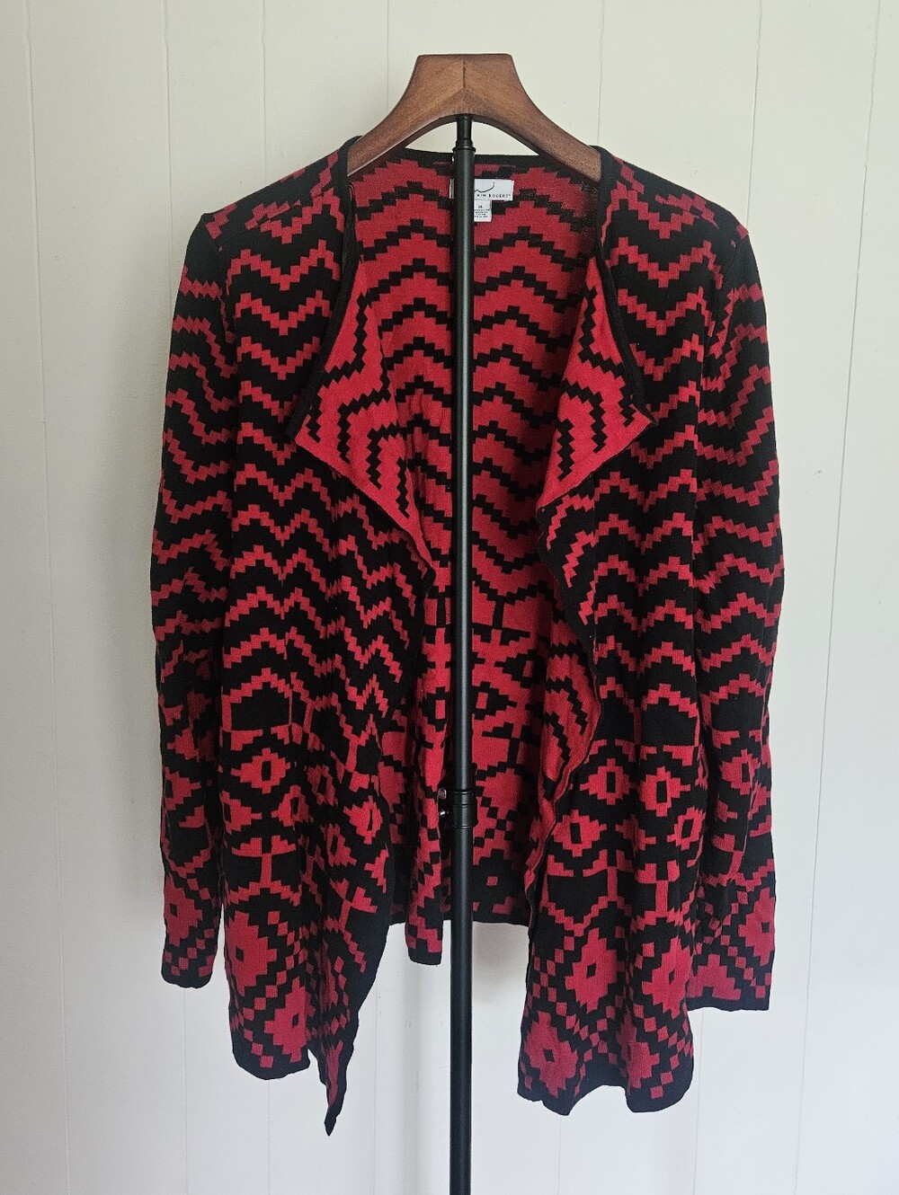 Kim Rogers Red and Black Geometric Open Cardigan Size XL